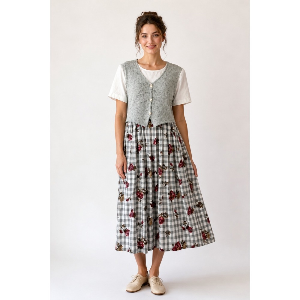 Vintage Allison-che Maxi Dress Womens 8 Cream Gray Checkered Plaid Floral Print